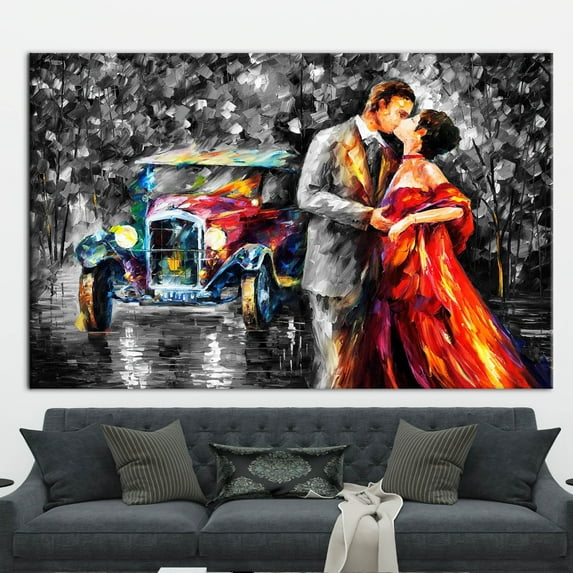 Vintage Car Artwork, Romantic Couple Art Canvas, Sexy Couple Wall Decor, Kissing Couple Painting, Kissing Couple Wall Decor, Canvas Wall Decor - 3P-Black Framed