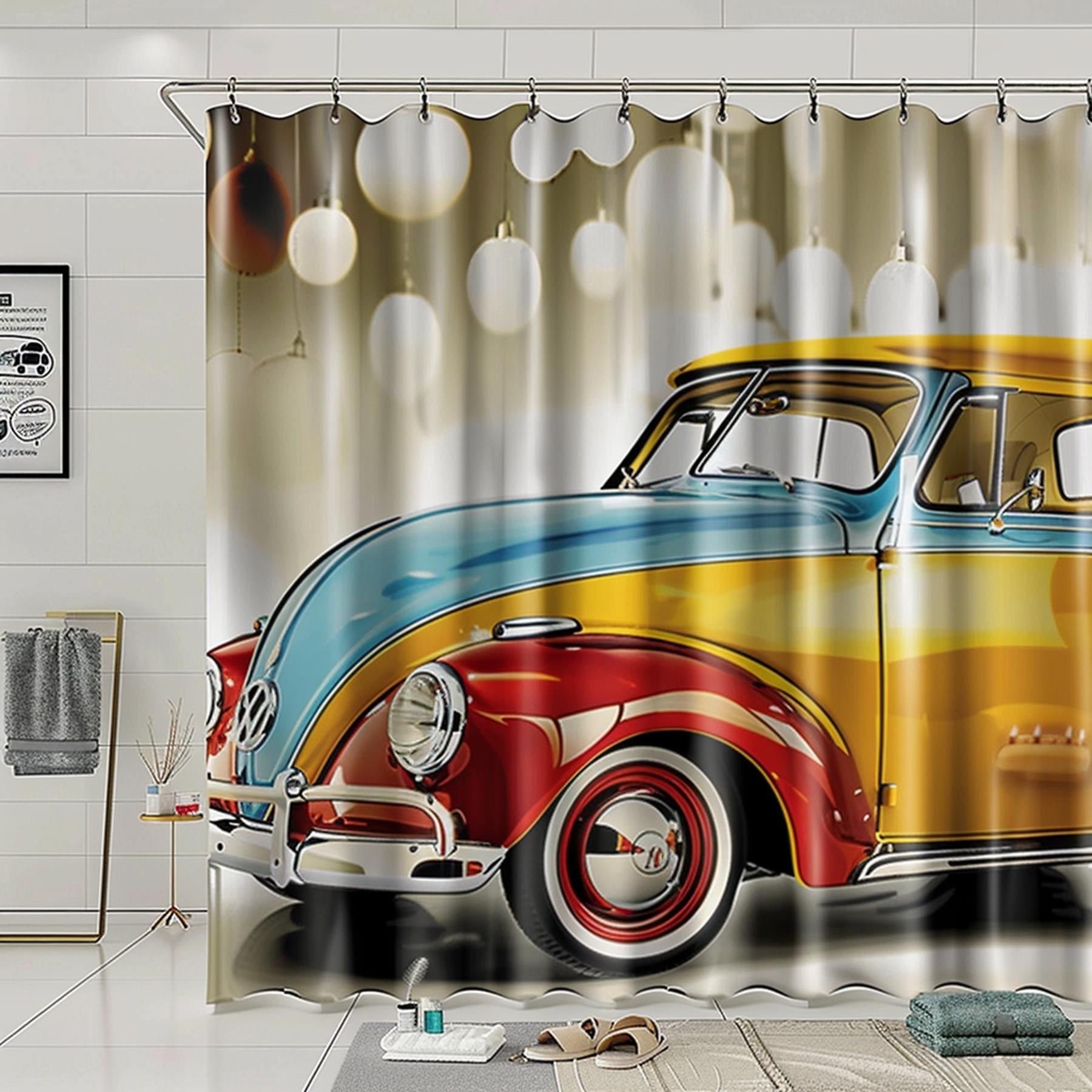 Vintage Car Bathroom Curtain Set Retro Red Yellow & Blue Cars on White