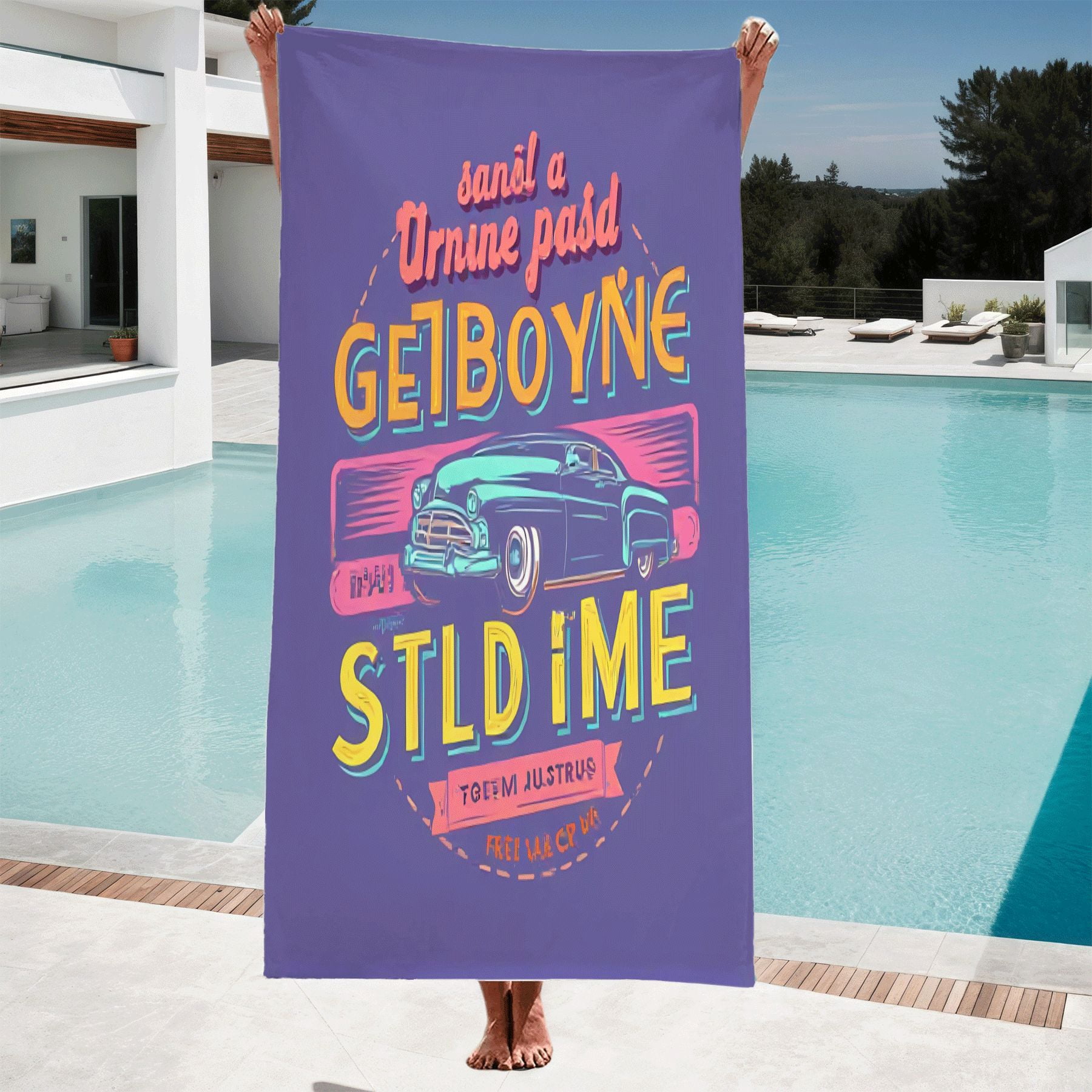 Vintage Car Beach Towel - Retro Design with Sleek Car Purple Background ...