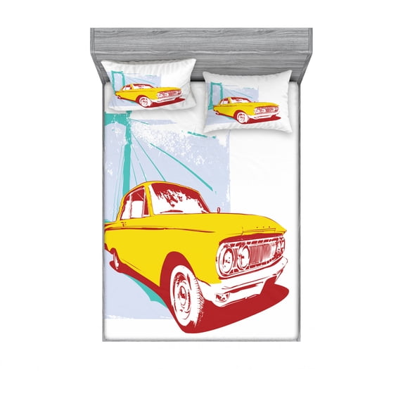 Vintage Car Bedding Set with Sheet & Covers, Artwork with Old Vintage Custom Collector's Car Grunge Urban Background, Printed Bedroom Decor 2 Shams, 4 Sizes, Yellow Turquoise, by Ambesonne