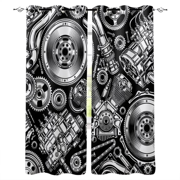 Vintage Car Blackout Curtains for Bedroom/Living Room, Thermal Insulated Kitchen Curtains, Automobile Car Parts Engine Print Black Grommet Darkening Window Treatment Drapes 42"x45"x2