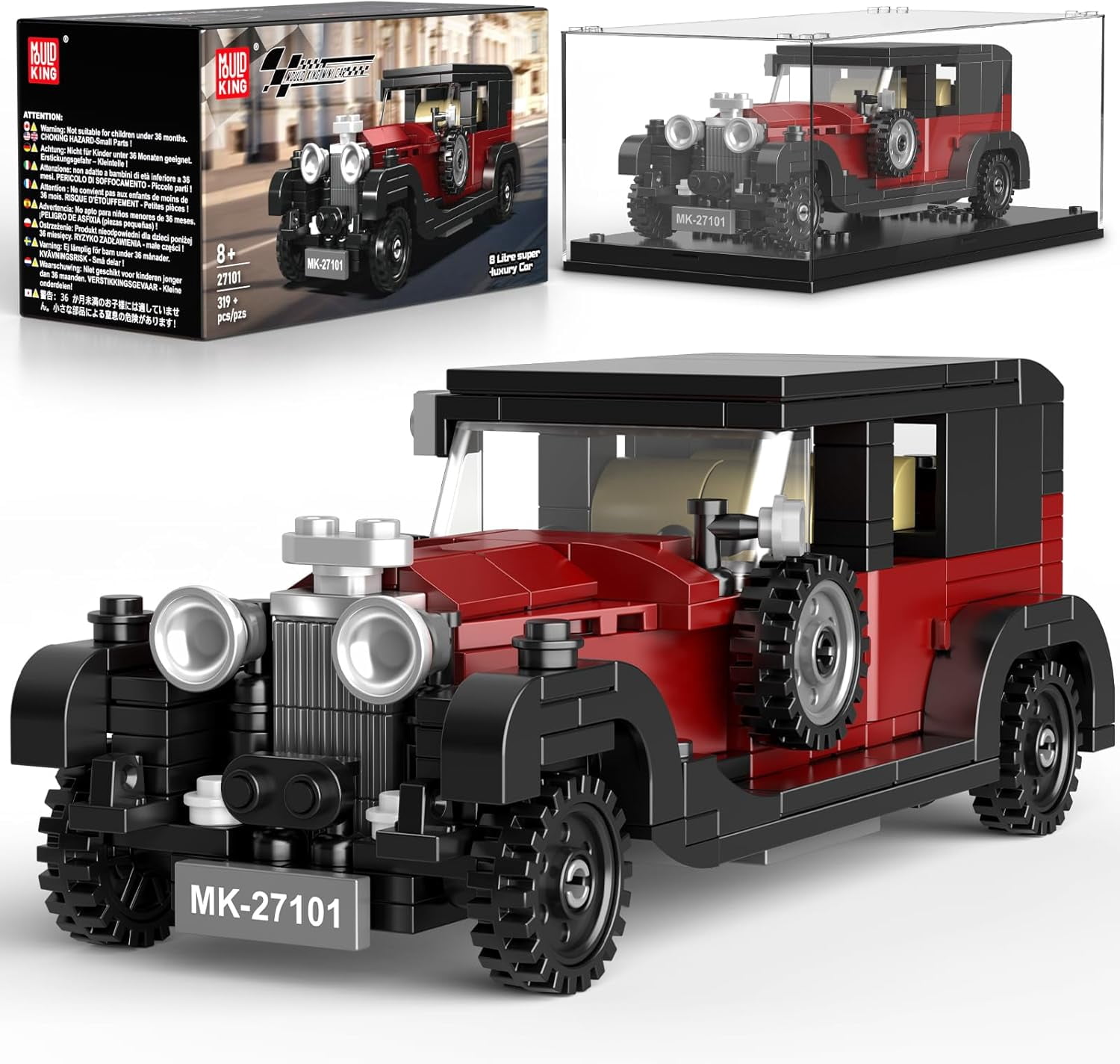 Vintage Car Building Sets, 319+ Pcs MOC Racing Car Building Kit with Display Case, Collectible Vehicle Model Building Blocks Toys