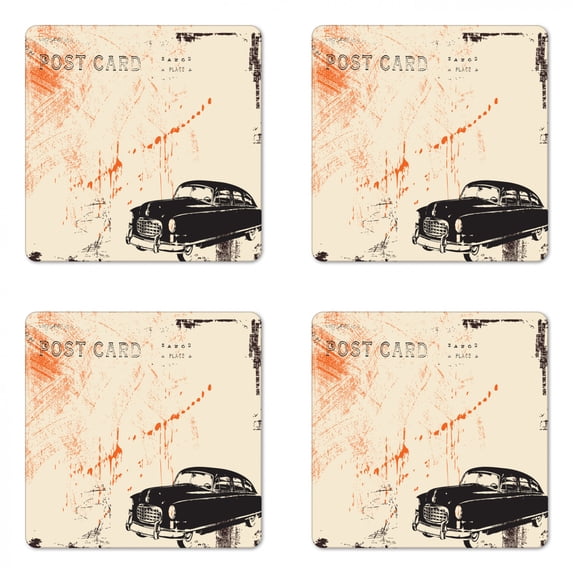 Vintage Car Coaster Set of 4, Art with Classic Old Fashioned Car on the Street Vintage Postcard Style Design, Square Hardboard Gloss Coasters, Standard Size, Beige Black, by Ambesonne