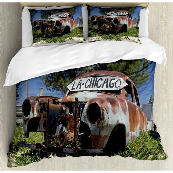 Vintage Car Duvet Cover Set, Old Car Trees Greenery in the Famous Route 66 Road in USA Rustic Home Art, Decorative 3 Piece Bedding Set with 2 Pillow Shams, King Size, Brown Green Blue, by Ambesonne