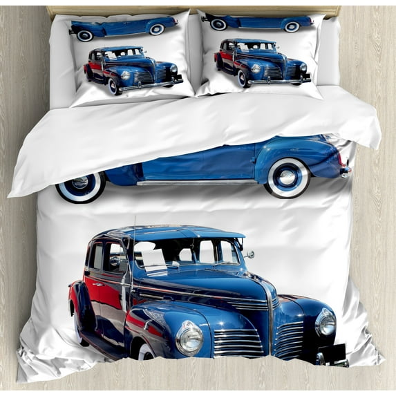 Vintage Car Duvet Cover Set, Picture of Old Antique Car Historical Nostalgic in Retro Style Photo Print, Decorative 3 Piece Bedding Set with 2 Pillow Shams, Queen Size, Blue and Red, by Ambesonne