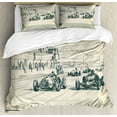 thumbnail image 1 of Vintage Car Duvet Cover Set, Vintage Racing Cars Sport Nostalgic Sketchy Doodle Style, Decorative 3 Piece Bedding Set with 2 Pillow Shams, Calking Size, Beige Forest Green, by Ambesonne, 1 of 3