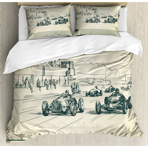 Vintage Car Duvet Cover Set, Vintage Racing Cars Sport Nostalgic Sketchy Doodle Style, Decorative 3 Piece Bedding Set with 2 Pillow Shams, Calking Size, Beige Forest Green, by Ambesonne