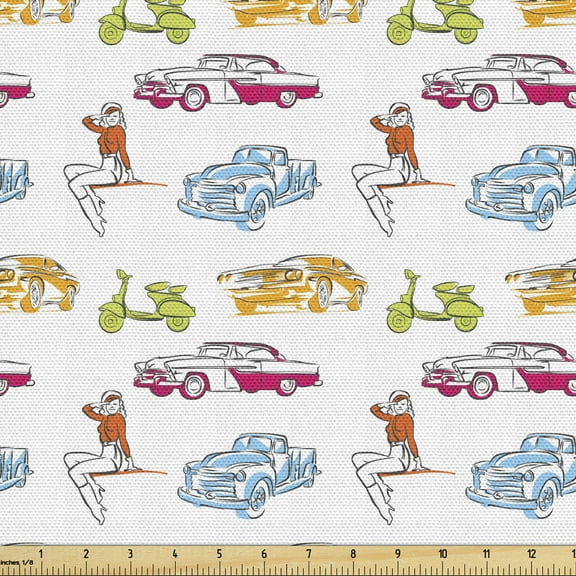 Ambesonne Vintage Car Fabric by the Yard Upholstery, Retro Vehicles and Girl, 1 Yard, Multicolor