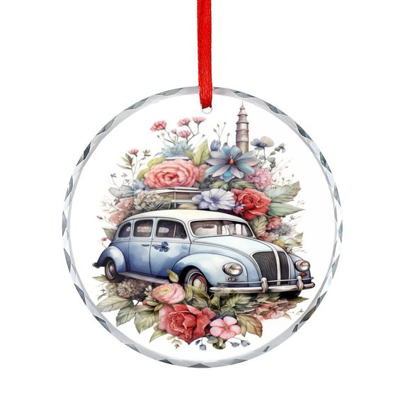 Vintage Car With Flowers, Butterflies Crystal Glass Christmas Ornament Truck with Bloom Fresh Cut Flowers Round Glass Christmas Ornaments Xmas Decor Indoor Home Holiday Party Gifts