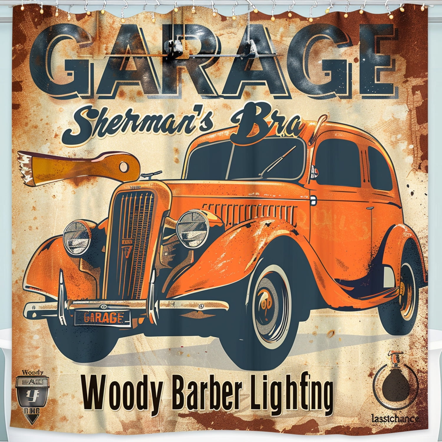 Vintage Car Garage Bathroom Decor Shower Curtain Retro Auto Service