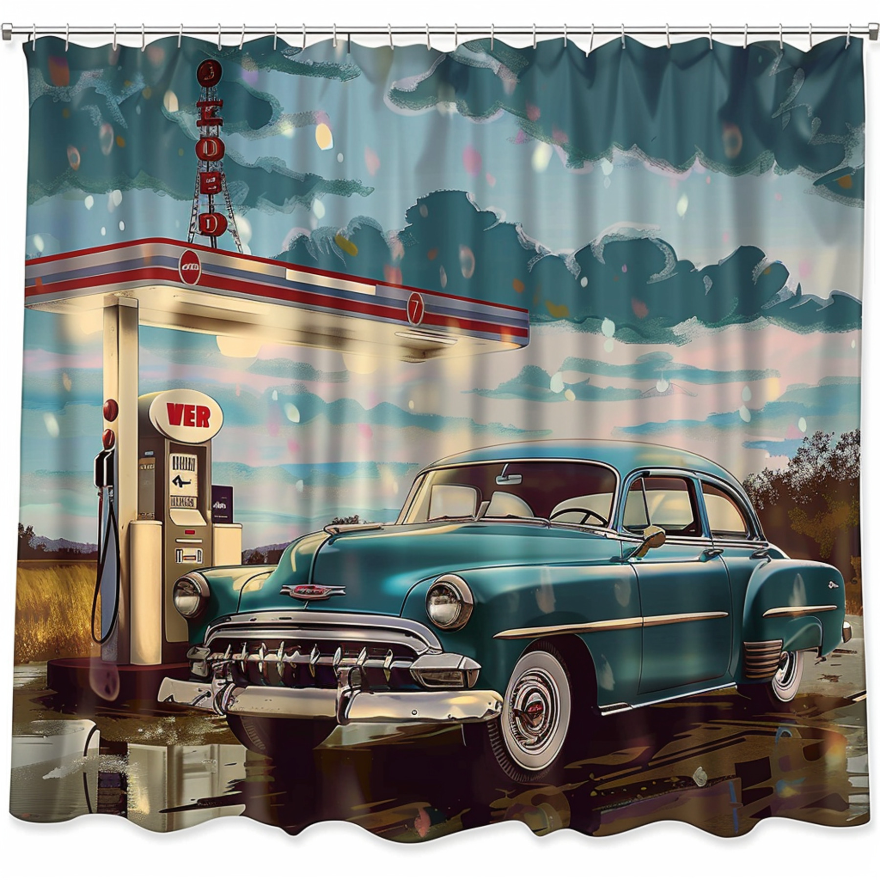Vintage Car Gas Station Shower Curtain Retro design featuring a classic