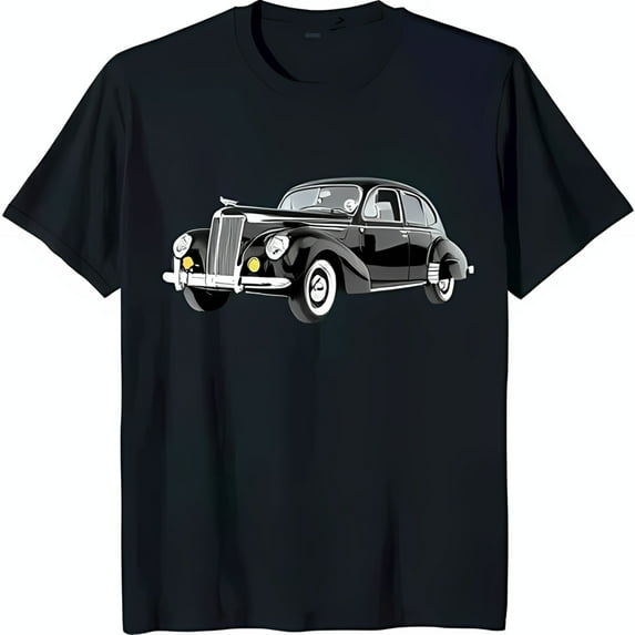 Vintage Car Graphic Black T-Shirt Classic 1940s Design for Retro Style