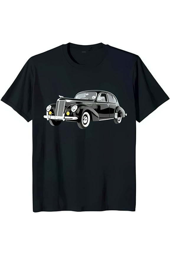 Vintage Car Graphic Black T-Shirt Classic 1940s Design for Retro Style