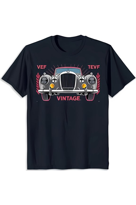 Vintage Car Graphic Black T-Shirt with Grey Sedan & Red Accents VEF TEVF