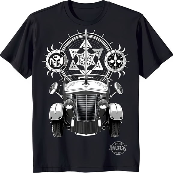 Vintage Car Graphic Black T-Shirt with Silver Design Stylish Neck Tee