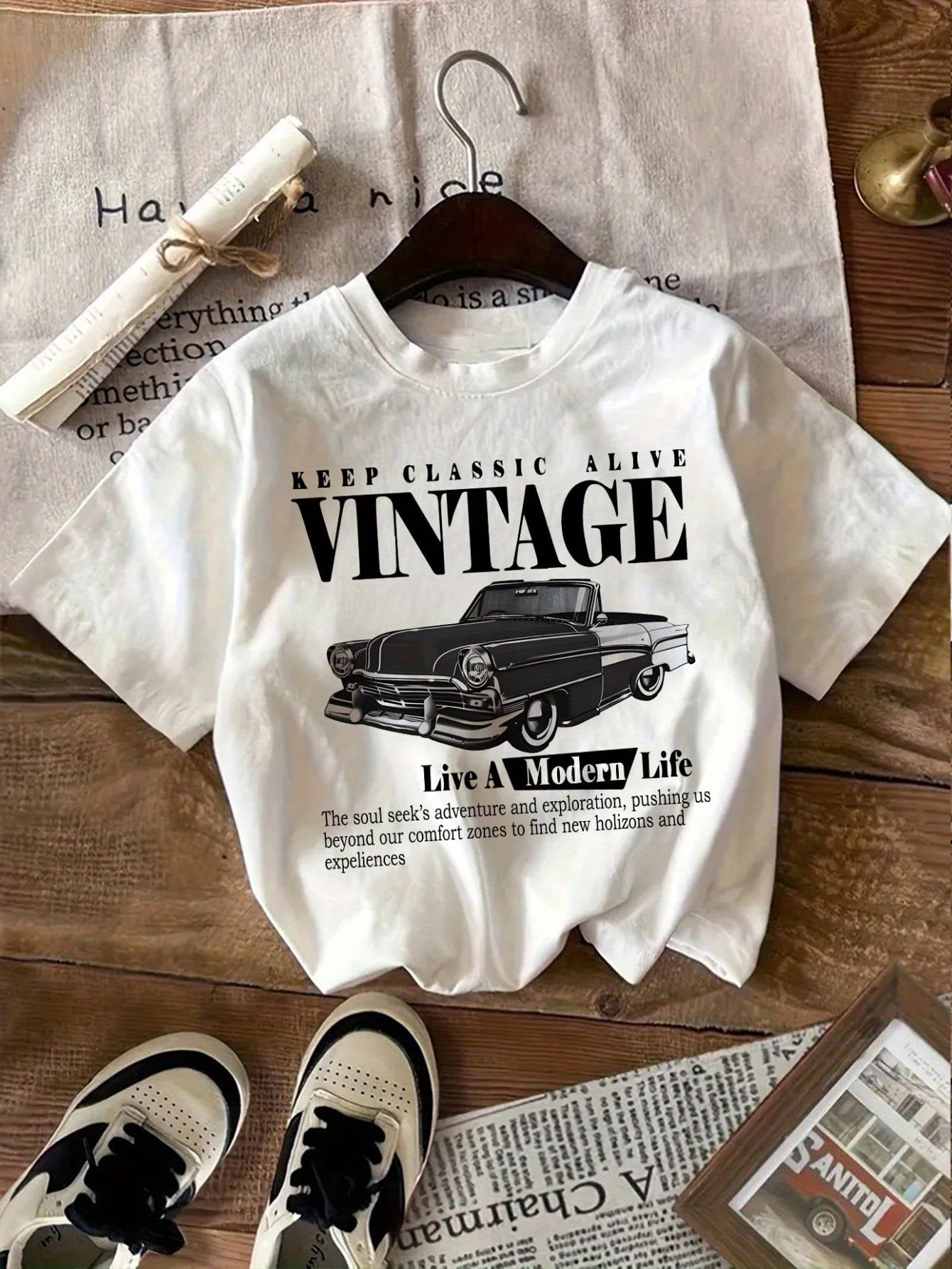 Vintage Car Graphic T-Shirt for Teens \u0026 Youth - Short Sleeve Casual Round  Neck Shirt with Retro \, image size:1340x1785