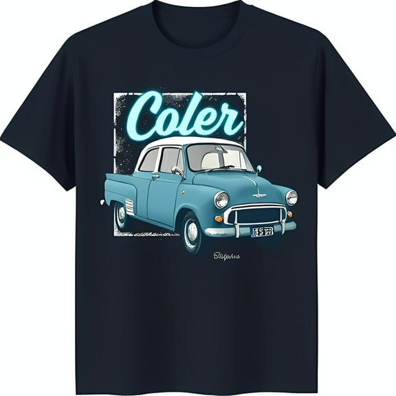 Vintage Car Graphic T-Shirt for Men Dark Blue Tee with 'Coler' Design & Whitewall Style