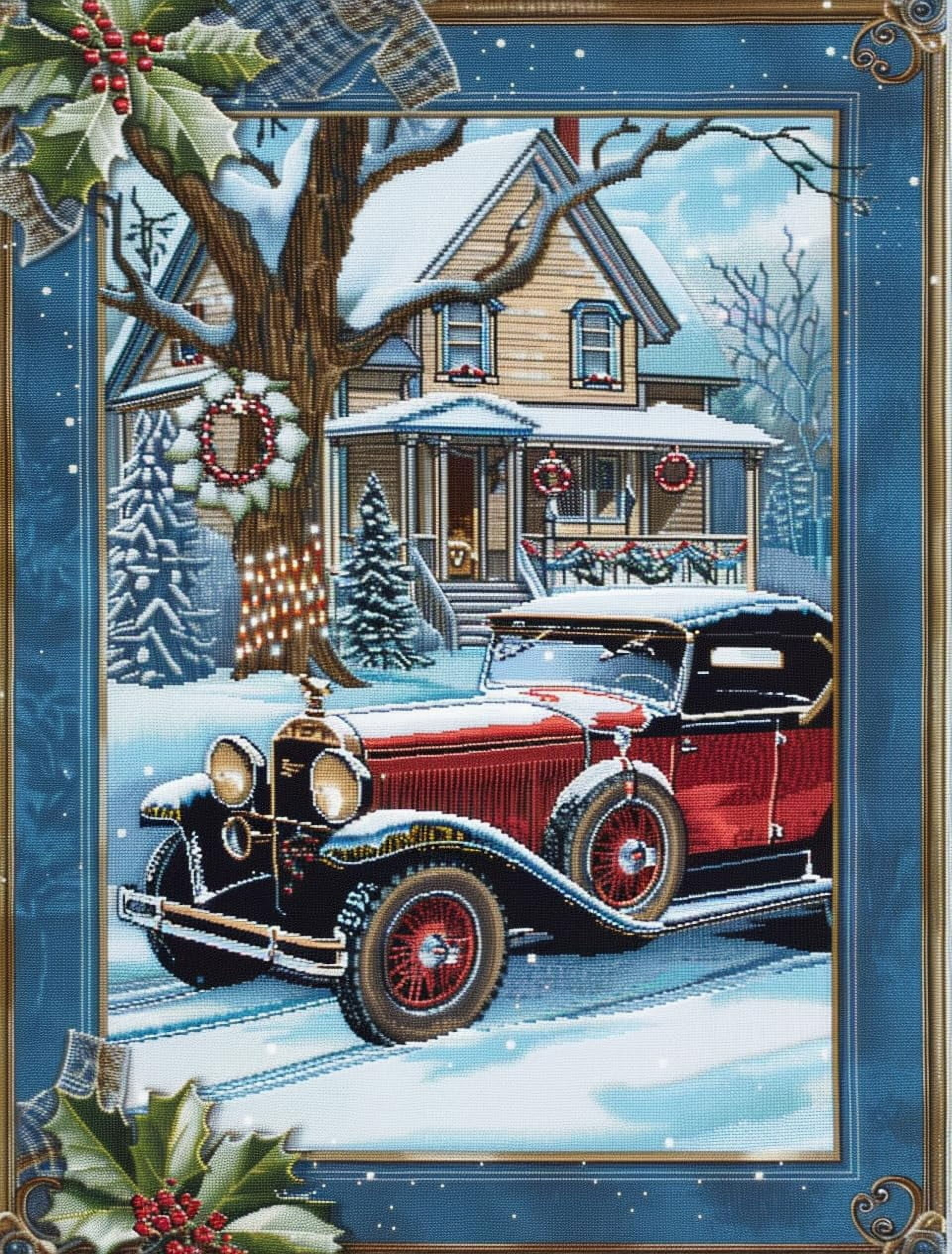 Stamped Cross Stitch Kit - "Silent Snowflakes On Pine" 11CT Pre-Printed Canvas, 16x20 Inch, Beginner Friendly