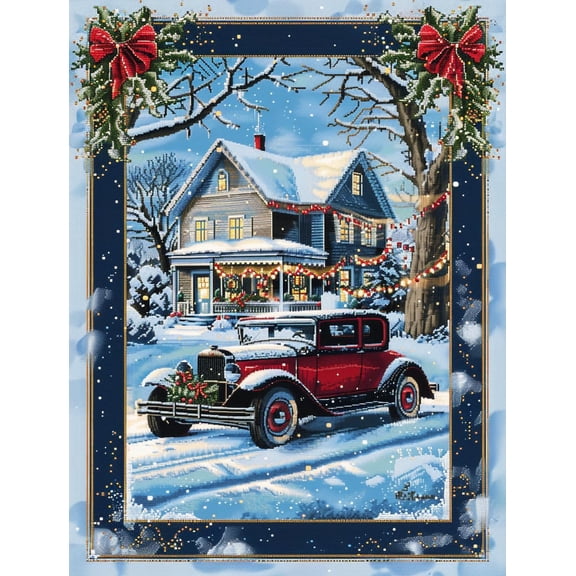 A Vintage Car House Christmas Snow Scene DIY 11CT Stamped Cross Stitch Kits for Beginners Easy Needlepoint Embroidery Counted Cross Stitch Art Craft for Wall Decoration 12x16inch(1)