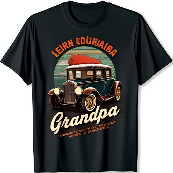 Vintage Car Illustration Black T-Shirt with Santa Hat Retro Grandpa Design