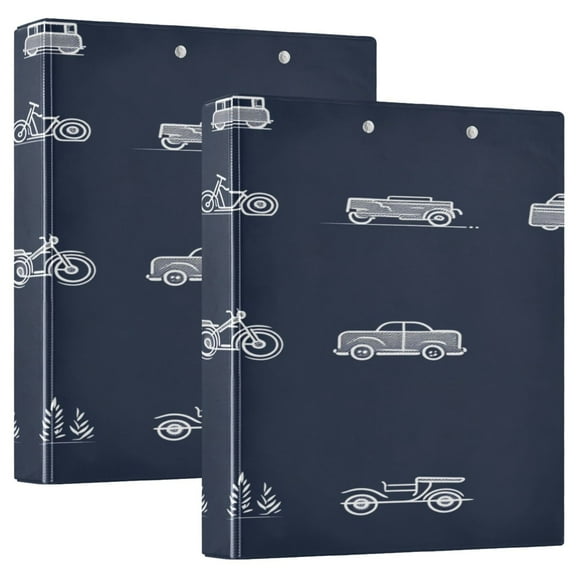 Vintage Car Illustrations 12.4x10.6in PVC Round Ring Binder, D-Ring 3-Hole, Metal Clip, 200 Sheets