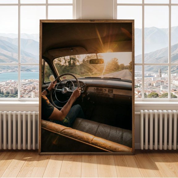 Vintage Car Interior Wall Art Print, Golden Yellow Amber Sunset Driving Scene