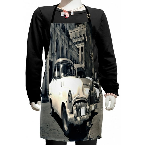 Vintage Car Kids Apron, Panoramic View of Shabby Old Havana Street Classic American Cars Weathered, Boys Girls Apron Bib with Adjustable Ties for Cooking Baking Painting, Grey Beige, by Ambesonne
