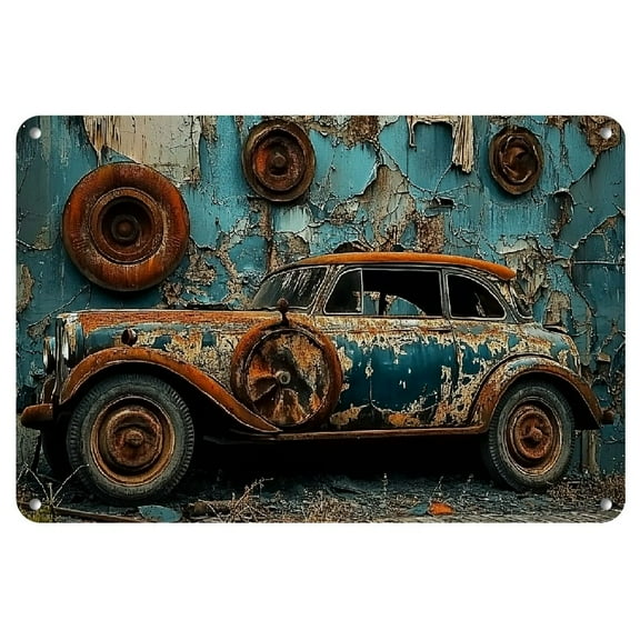 Vintage Car Metal Tin Sign - 8"x12" Retro Wall Art with Ornate Frame, Rustic Blue & Copper Classic Car Design | Durable, Easy-to-Hang Decor for Home, Bar, Cafe, Garage