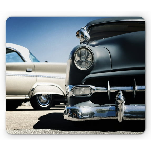 Vintage Car Mouse Pad, American Classic Old Style Fifties Auto Wheels Transportation History Art Print, Rectangle Non-Slip Rubber Mousepad, Blue Beige, by Ambesonne