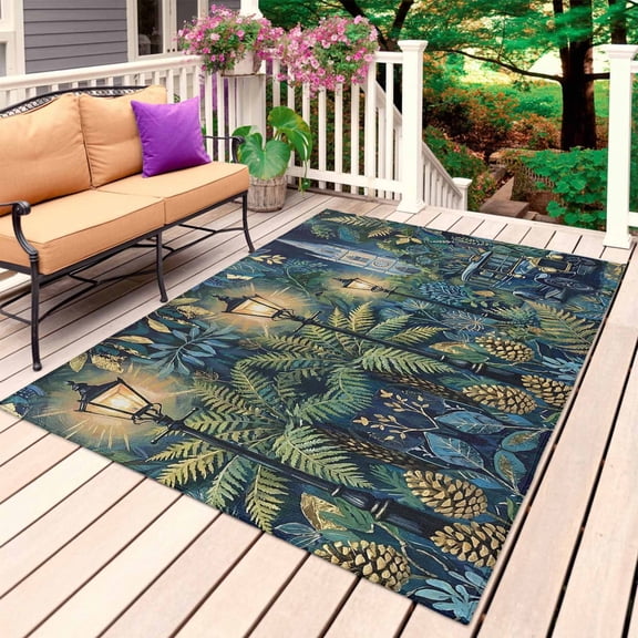 Vintage Car Outdoor Rug for Patio/Deck/Porch, Non-Slip Large Area Rug 4 x 6 Ft, Retro Deep Green Fern Leaves Oil Painting Indoor Outdoor Rugs Washable Area Rugs, Reversible Camping Rug Carpet Runner
