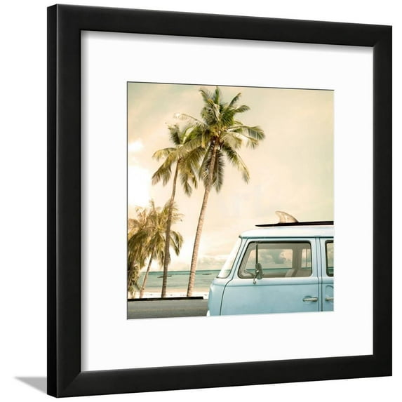 Vintage Car Parked on the Tropical Beach Seaside with a Surfboard on the Roof, Scenic Transportation Framed Art Print Wall Art by jakkapan Sold by Art.Com