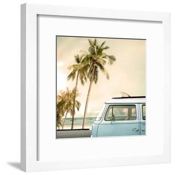 Vintage Car Parked on the Tropical Beach Seaside with a Surfboard on the Roof, Scenic Transportation Framed Art Print Wall Art by jakkapan Sold by Art.Com