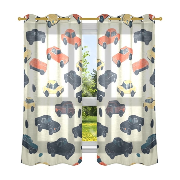 Vintage Car Patterns Semi Sheer Curtains for Living Room Bedroom Set of 2 Insulated Window Drapes