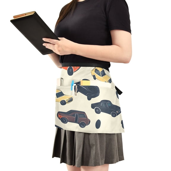 Vintage Car Patterns Server Apron with 3 Pockets Waist Apron for Waiter Waitress