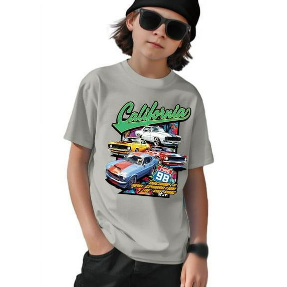 Vintage Car Print Short Sleeve Summer T-Shirt for Boys - Soft & Breathable Polyester Tee with Crew Neck Sizes 7-15Y