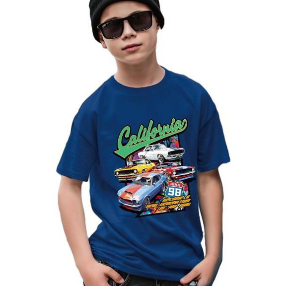 Vintage Car Print Short Sleeve Summer T-Shirt for Boys - Soft & Breathable Polyester Tee with Crew Neck Sizes 7-15Y