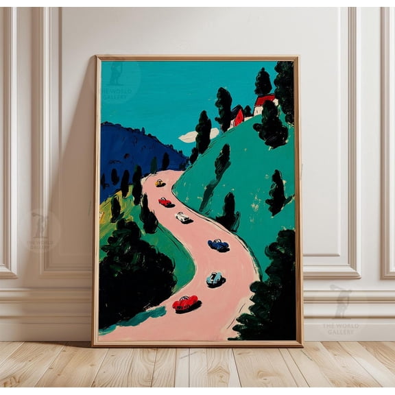 Vintage Car Race Poster Mountain Road Landscape Colorful Scenic Art, Unframed Poster