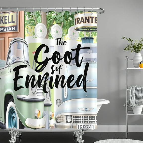 Vintage Car Scene Shower Curtain - Green & Blue Cars with Headlights On