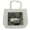 thumbnail image 1 of Vintage Car Shopping Bag, Panoramic View of Shabby Old Havana Street Classic American Cars Weathered, Eco-Friendly Reusable Bag for Groceries Beach and More, 15.5" X 14.5", Cream, by Ambesonne, 1 of 2