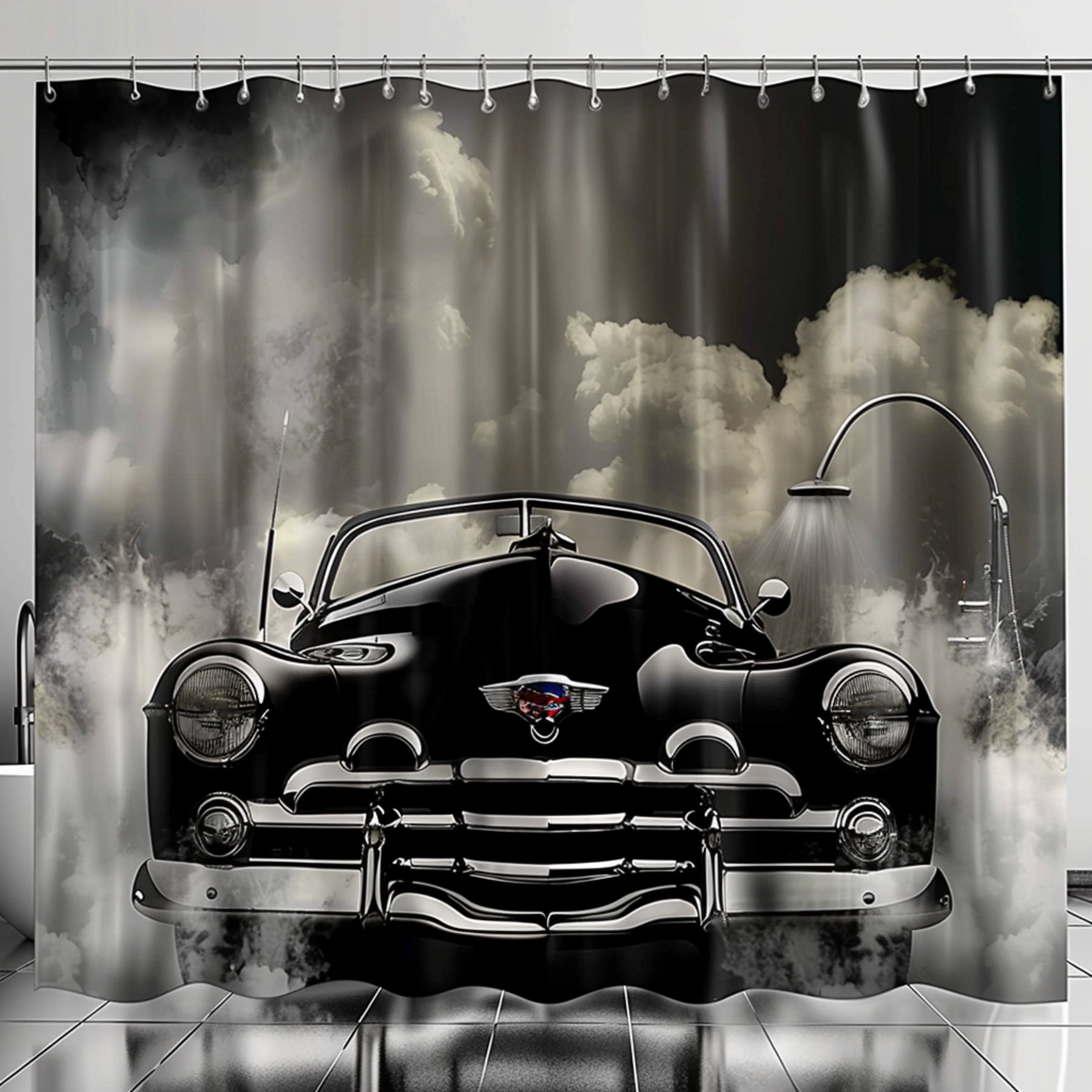 Vintage Car Shower Curtain Black & Gray Theme Hyper Realistic Design