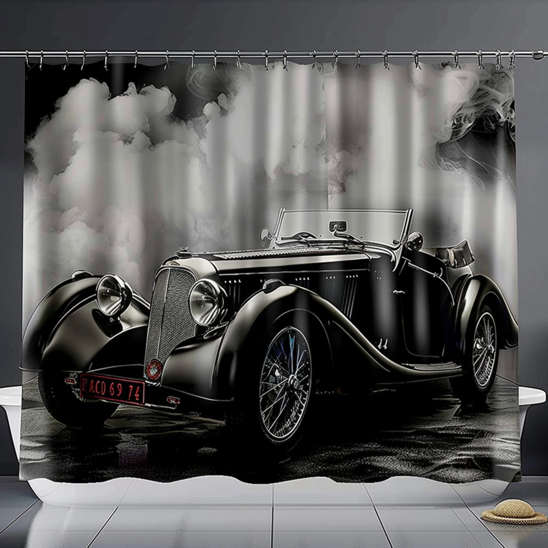 Vintage Car Shower Curtain Black & Gray Theme Hyper Realistic Design