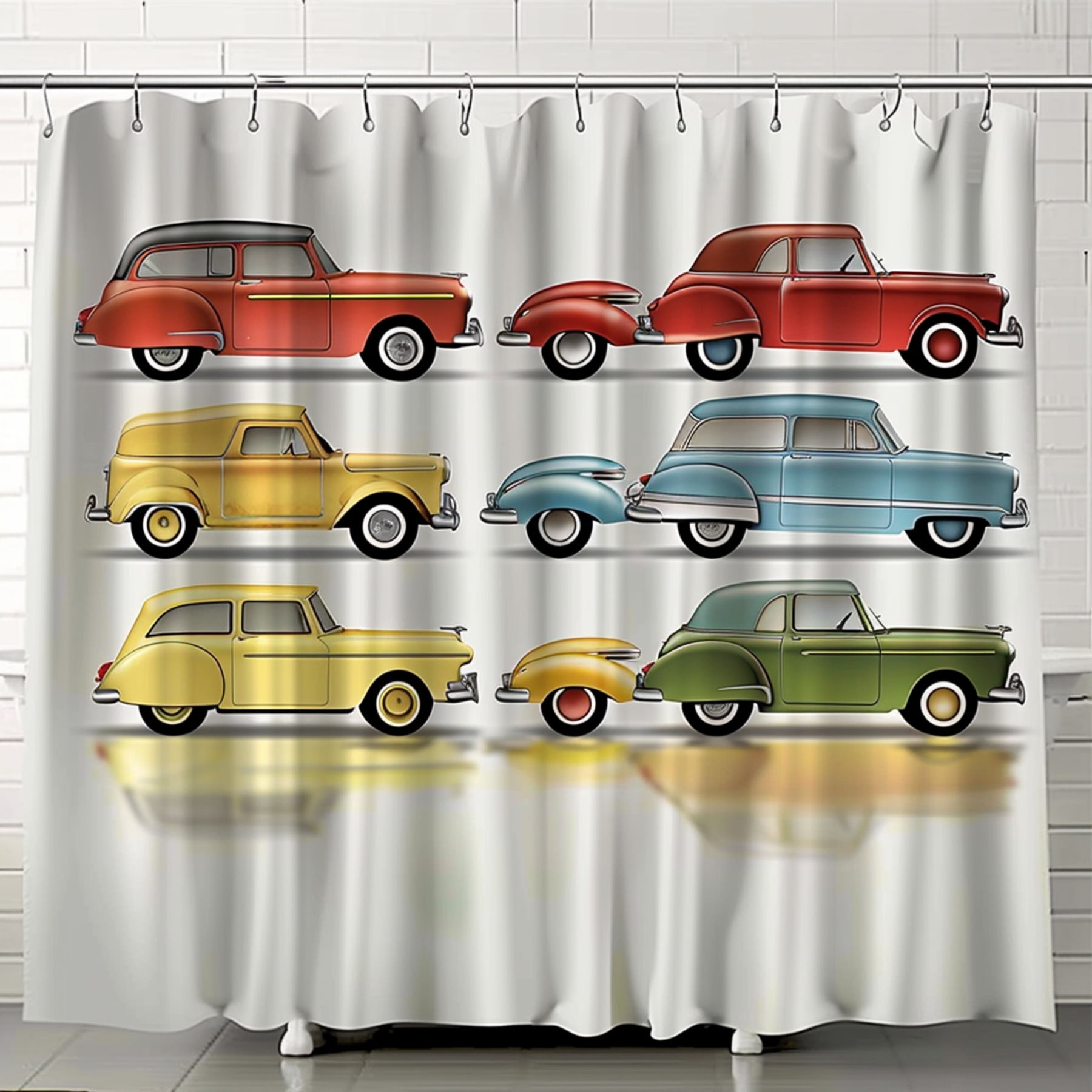 Vintage Car Shower Curtain Cartoon Style Bathroom Decor with Colorful