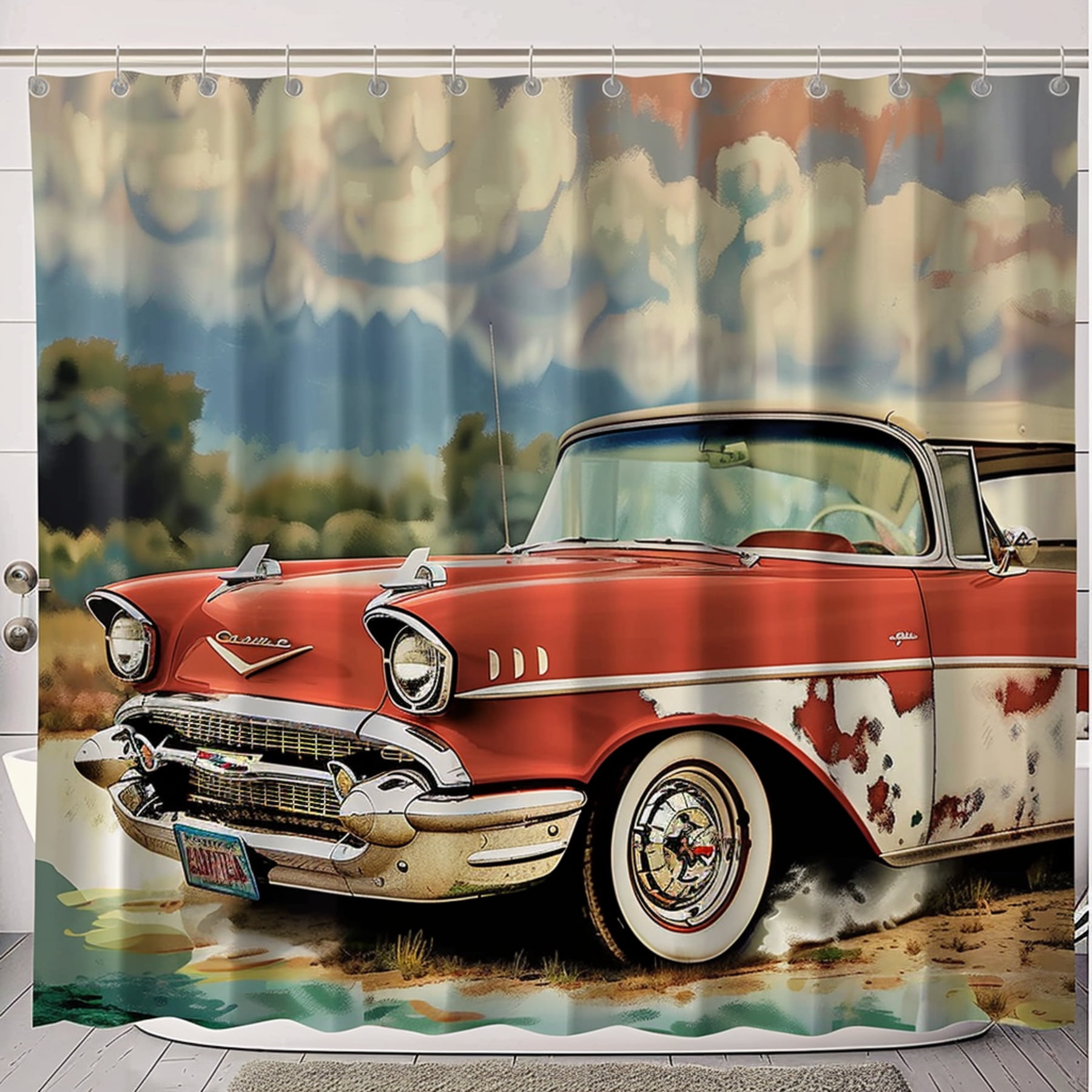 Vintage Car Shower Curtain with Retro Style Bathroom Decor and Classic