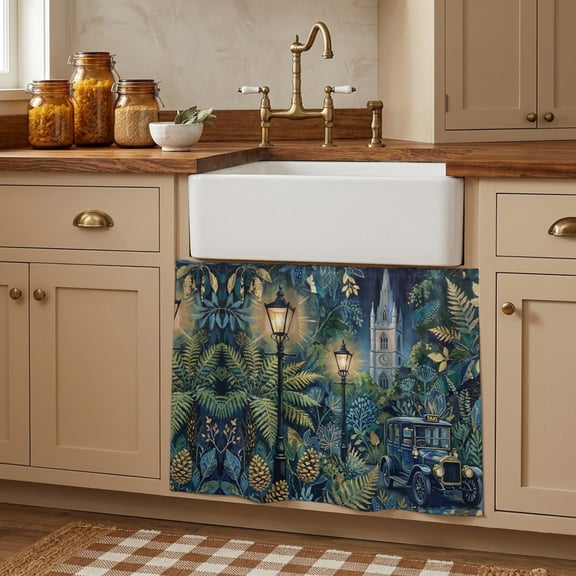 Vintage Car Small Cabinet Curtains 10"W x 11"L, Retro Deep Green Fern Leaves Oil Painting Sink Skirt Dust-Proof Short Curtain for Bathroom Vanity Storage Cubby Desk, Self Adhesive Privacy Drapes