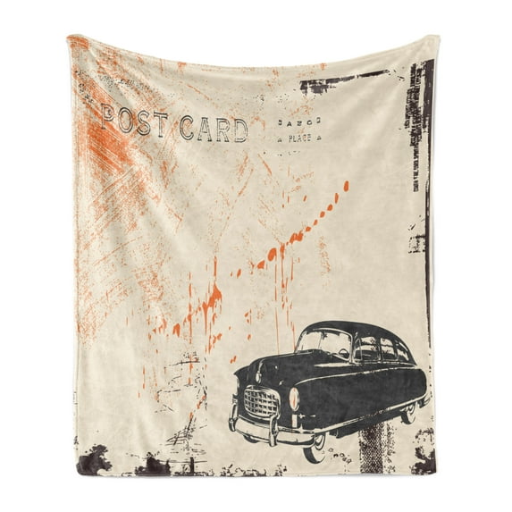 Vintage Car Soft Flannel Fleece Blanket, Art with Classic Old Fashioned Car on the Street Vintage Postcard Style Design, Cozy Plush for Indoor and Outdoor Use, 60" x 80", Beige Black, by Ambesonne