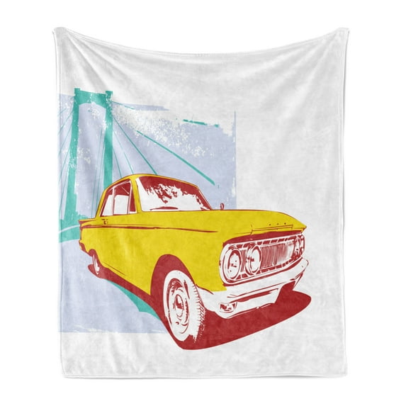 Vintage Car Soft Flannel Fleece Blanket, Artwork with Old Vintage Custom Collector's Car Grunge Urban Background, Cozy Plush for Indoor and Outdoor Use, 50" x 60", Yellow Turquoise, by Ambesonne