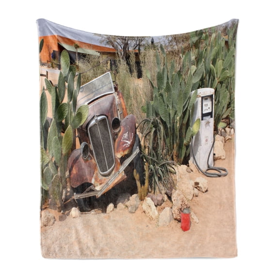 Vintage Car Soft Flannel Fleece Blanket, Old Broken Car and Desert Plants Gasoline Station Vintage Rusty Vehicle Photo, Cozy Plush for Indoor and Outdoor Use, 60" x 80", Brown Green, by Ambesonne