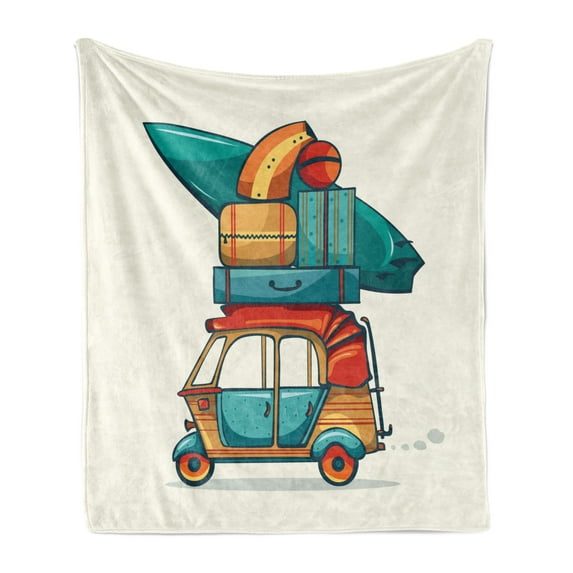 Vintage Car Soft Flannel Fleece Throw Blanket, Cartoon Style Automobile Rickshaw with Summer Vacation Luggage and Surfboard, Cozy Plush for Indoor and Outdoor Use, 70" x 90", Multicolor, by Ambesonne