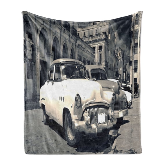 Vintage Car Soft Flannel Fleece Throw Blanket, Panoramic View of Shabby Old Havana Street Classic American Cars Weathered, Cozy Plush for Indoor and Outdoor Use, 60" x 80", Grey Beige, by Ambesonne