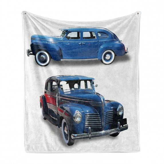 Vintage Car Soft Flannel Fleece Throw Blanket, Picture of Old Antique Cars Historical Automobile Nostalgic in Vintage Style, Cozy Plush for Indoor and Outdoor Use, 50" x 70", Blue Red, by Ambesonne